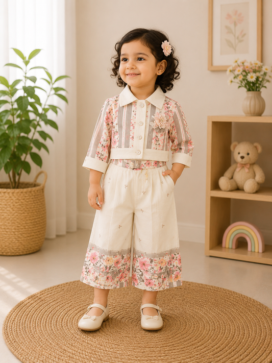 Floral Stripe Crop Jacket & Wide-Leg Pants Set