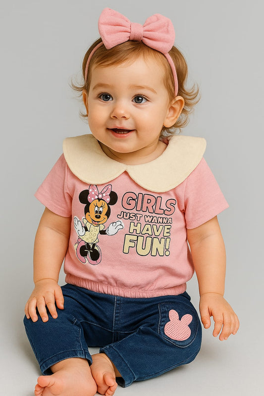 Minnie Mouse Cotton Co-Ord Set – Pink Tee & Navy Bottoms