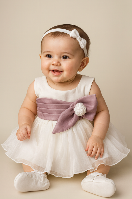 Baby Girl Elegant White Party Dress with Mauve Bow