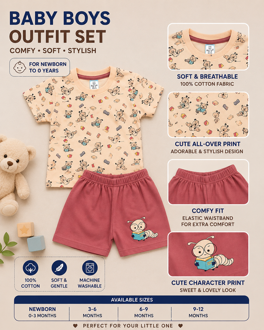 Teddy Bear & Bookworm Caterpillar Print Tee & Dusty Rose Shorts Set