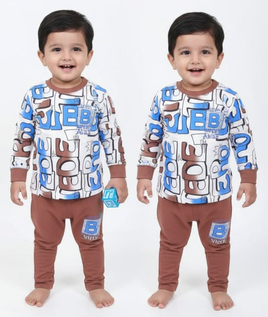 Boys Alphabet Print Nightwear Set – White & Brown (4–6 Years)