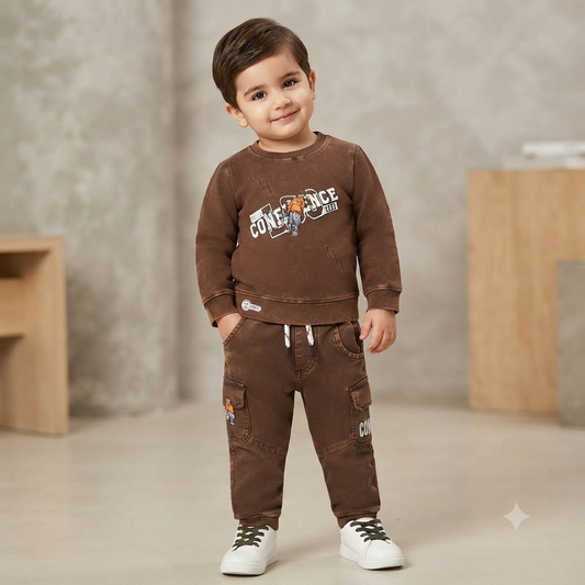 Brown Confidence Print Sweatshirt & Cargo Jogger Set