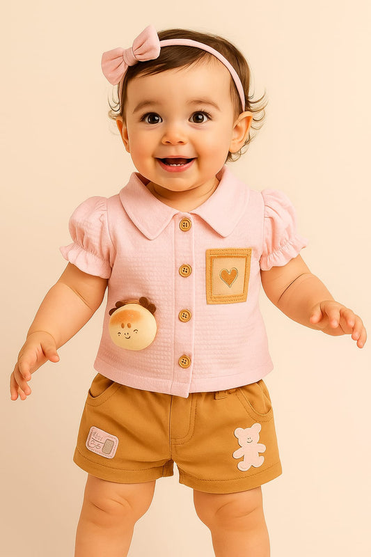 Peach & Mustard Teddy Co-ord Set for Baby Girls