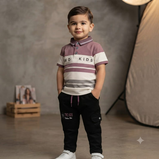 Mauve Striped Polo & Cargo Pants Set