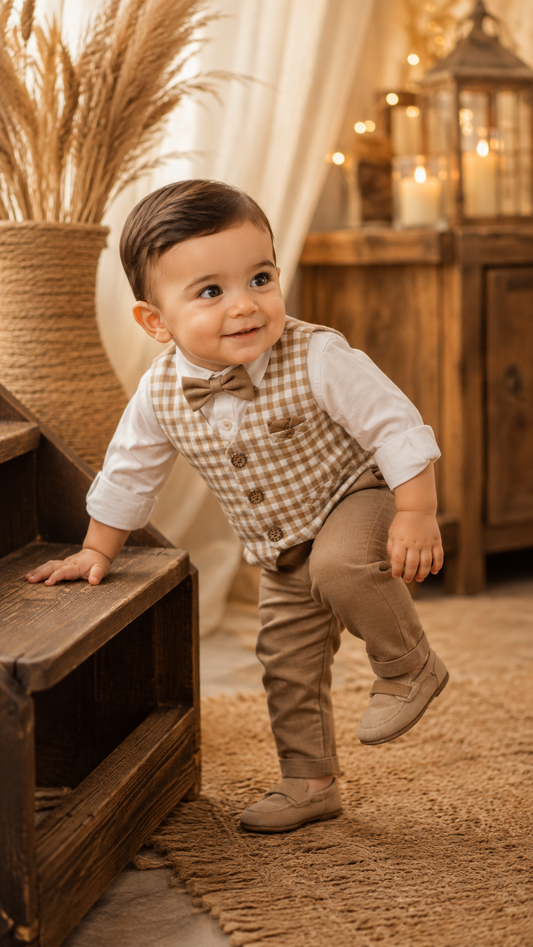 Beige Gingham Waistcoat Shirt & Pants Set with Bow Tie