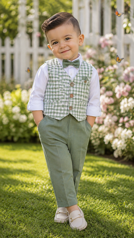 Sage Green Gingham Waistcoat Shirt & Pants Set with Bow Tie