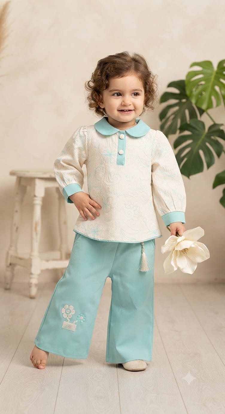 Floral Embroidered Peter Pan Collar Top & Teal Palazzo Set