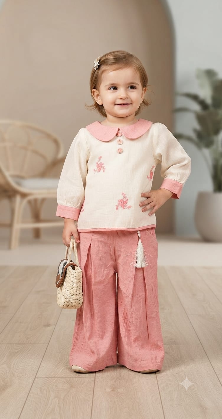 Bunny Embroidered Peter Pan Collar Top & Pink Palazzo Set