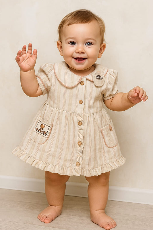 Beige Striped Cotton Frock with Ruffle Hem for Baby Girls