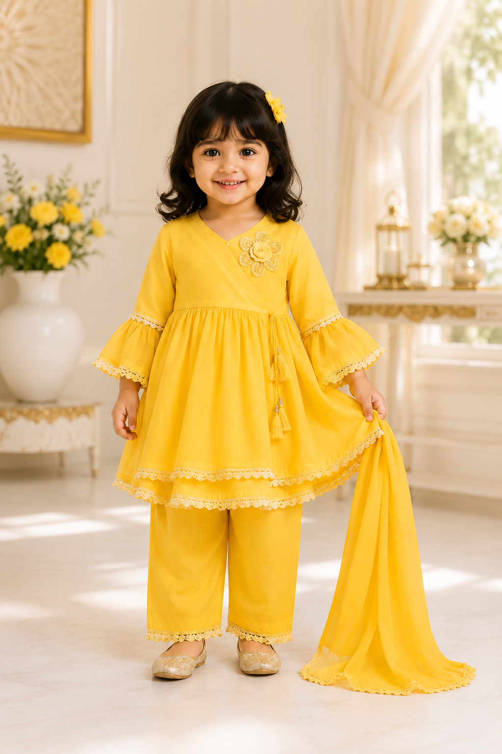 Yellow Floral Embroidered Angrakha Kurta Set with Dupatta