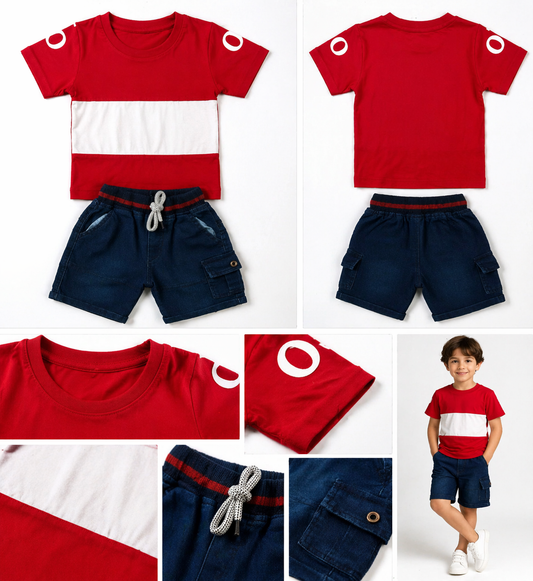 Boys Red T-Shirt & Denim Shorts Set