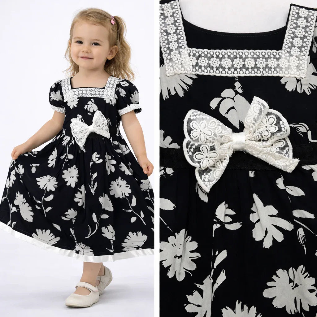 Girls Black Floral Party Frock with Bow (1–4 Years)