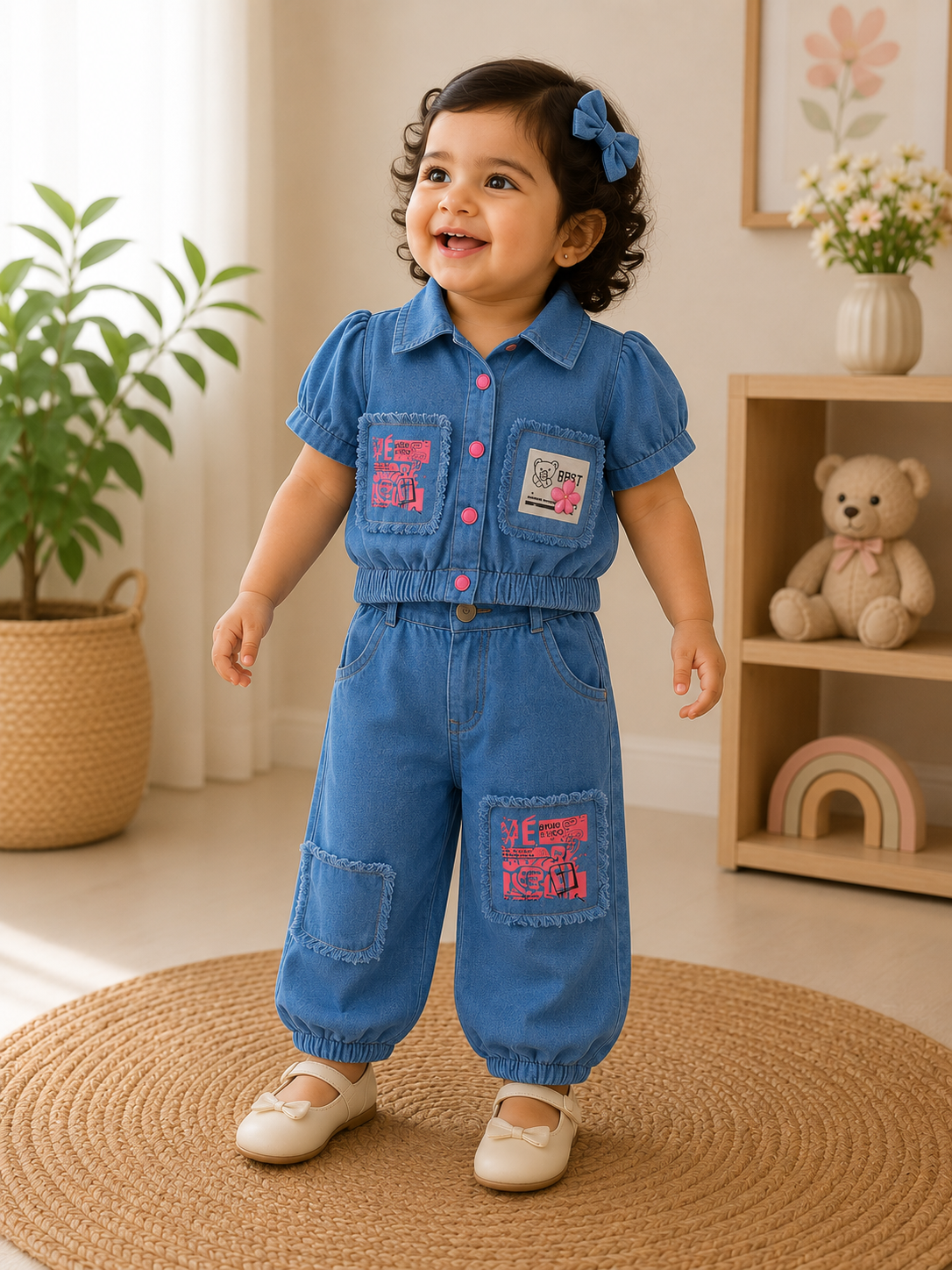 Denim Graphic Patch Shirt & Jogger Set
