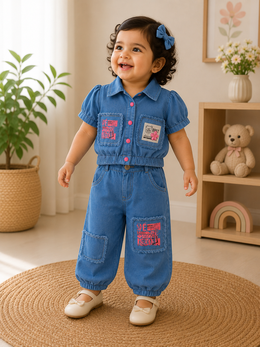 Denim Graphic Patch Shirt & Jogger Set