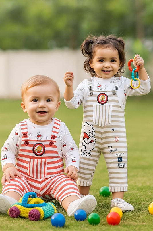 “Pooh Striped Dungaree Twin Set – Beige & Red Edition”
