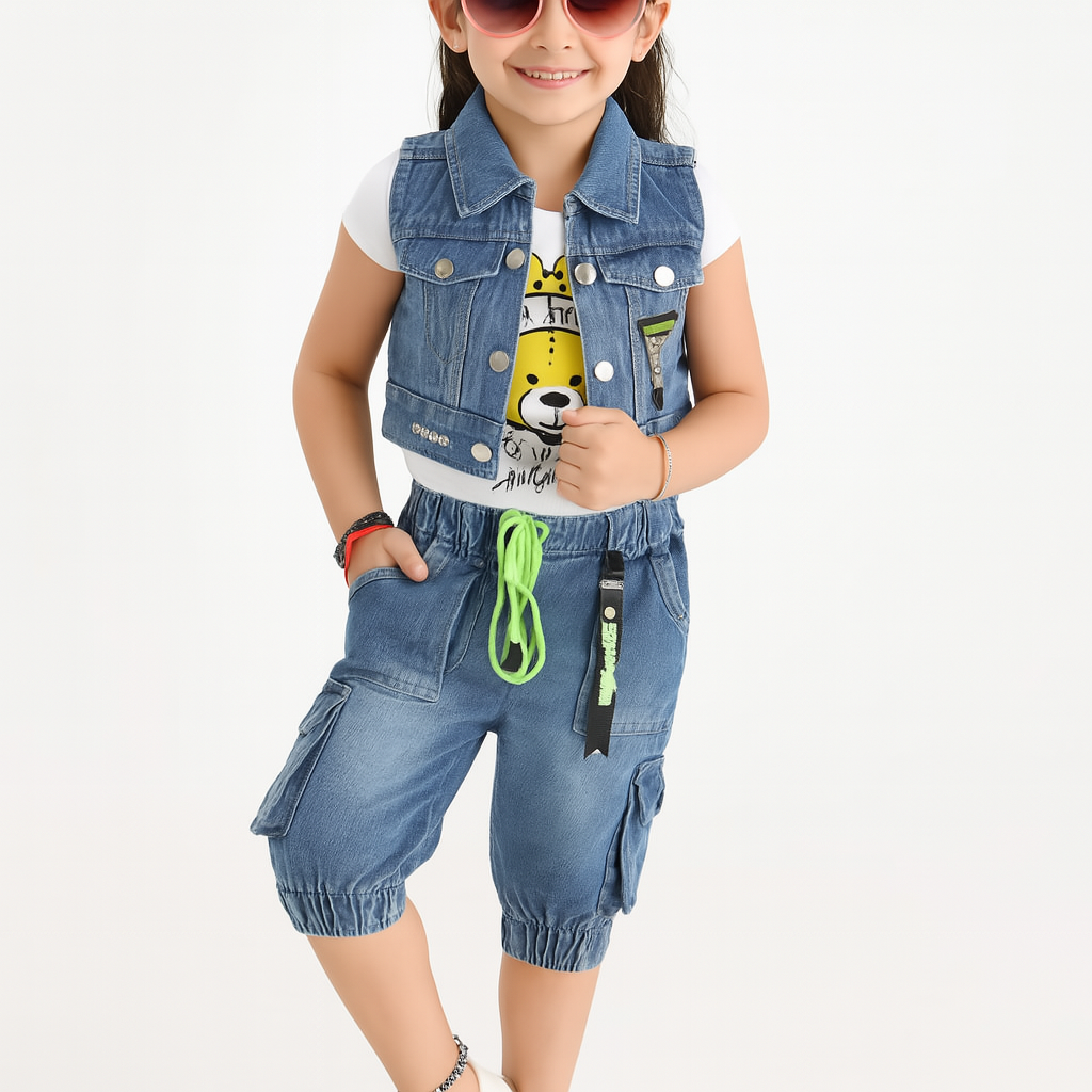 Denim Bear Patch Co-ord Set – Girls (1–3 Years)