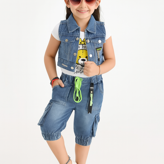 Denim Bear Patch Co-ord Set – Girls (1–3 Years)