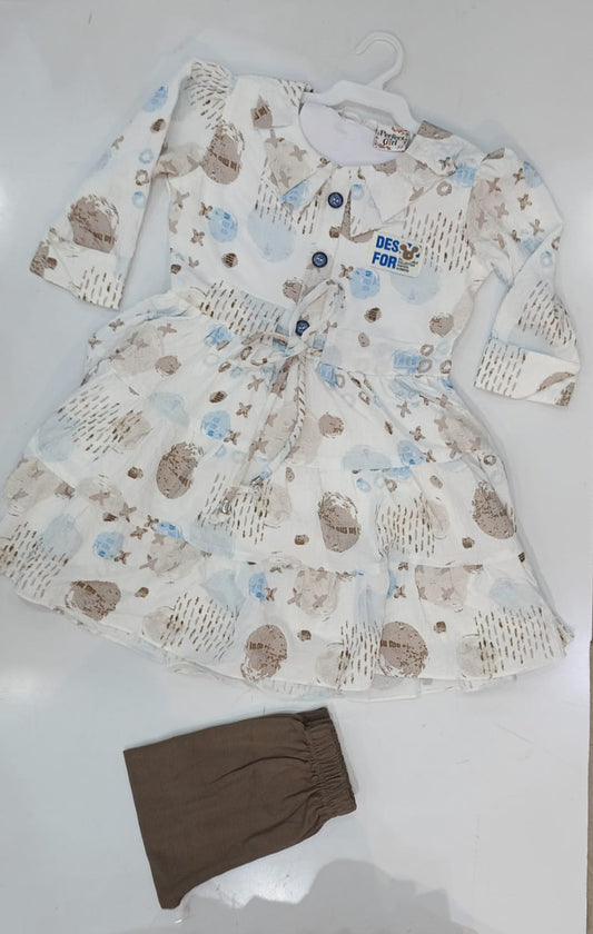 Stylish Printed Cotton Kurti Set – White & Brown (3 to 11 Years)