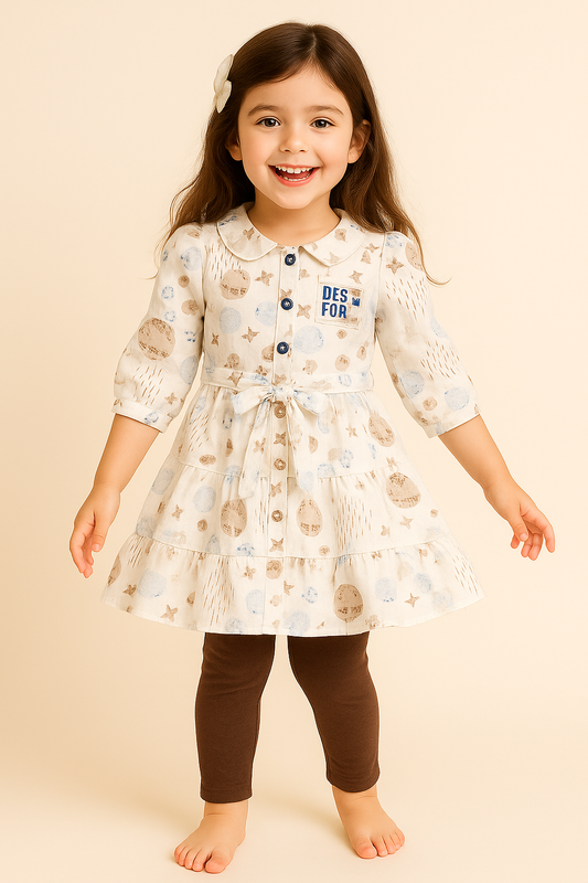 Stylish Printed Cotton Kurti Set – White & Brown (3 to 11 Years)