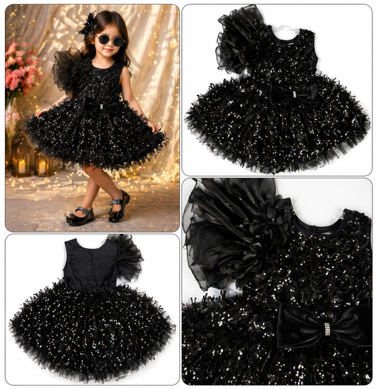 Girls Black Premium Partywear Frock with Bow