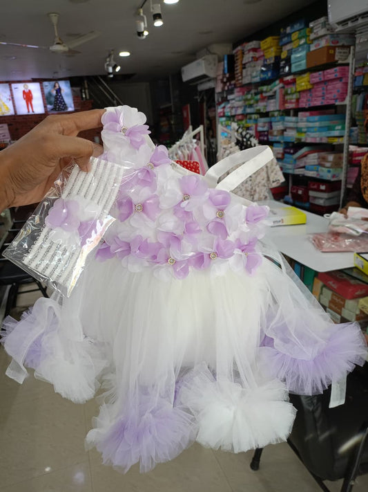 White & Lavender Floral Party Dress for Baby Girls (0.6–1 Years)