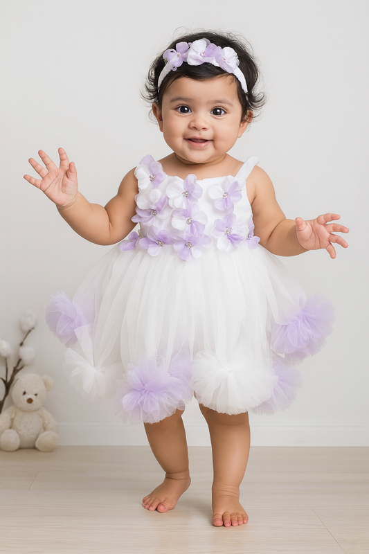 White & Lavender Floral Party Dress for Baby Girls (0.6–1 Years)