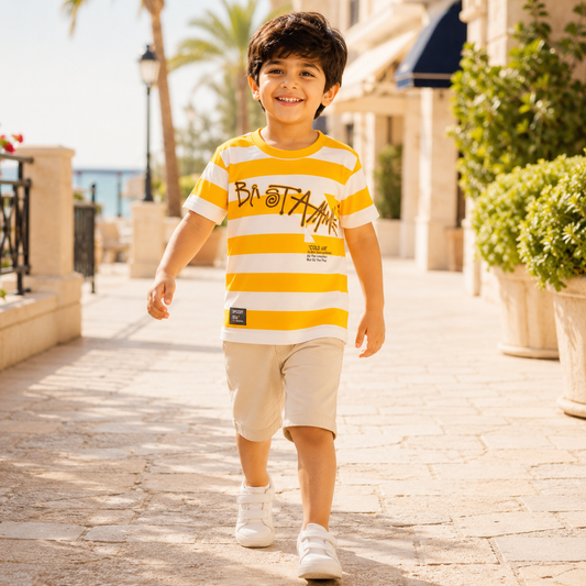 Yellow Stripe Graphic T-Shirt & Beige Shorts Set
