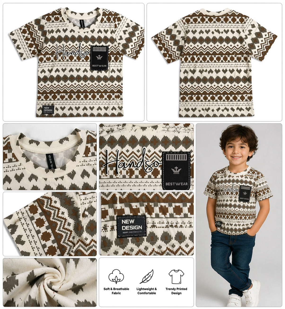 Boys Printed Pattern T-Shirt with Pocket Patch