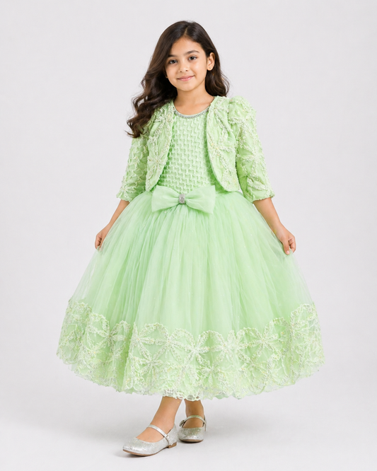 Mint Green Floral Lace Jacket Tulle Gown | Mint Kids