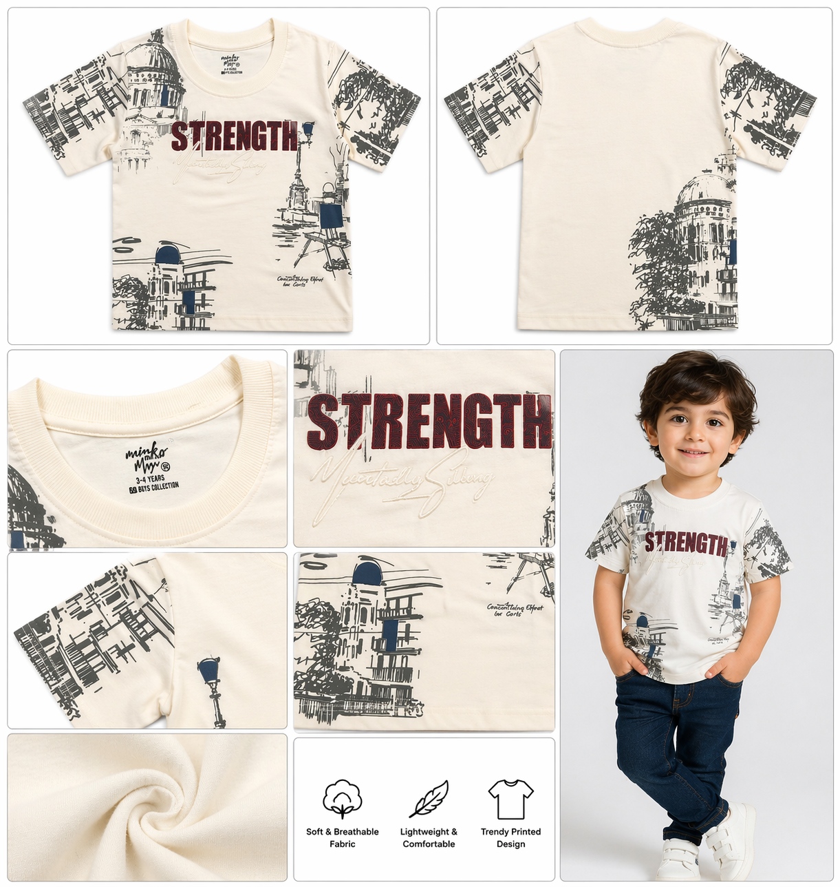Boys Cream Printed T-Shirt (Strength Design)