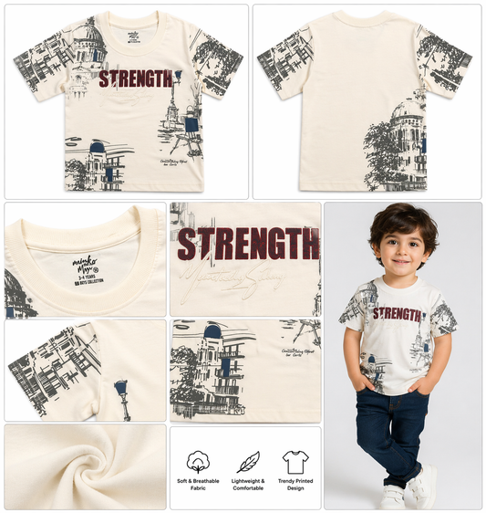Boys Cream Printed T-Shirt (Strength Design)