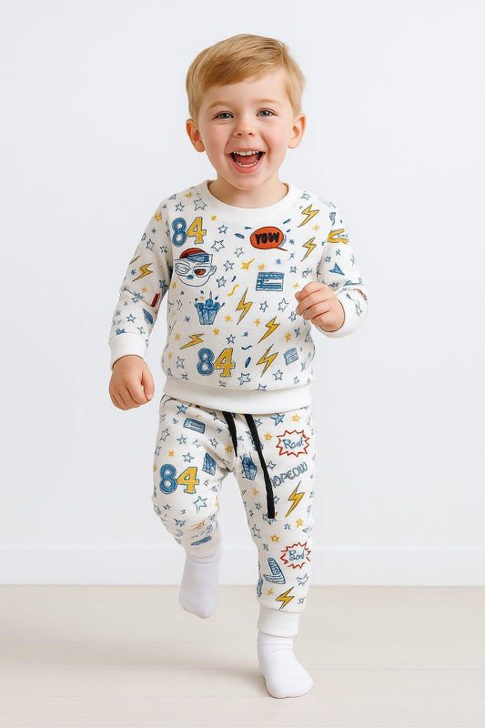 “Comic Pop Unisex Cord Set – White Multicolour Fun”