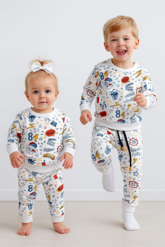 “Comic Pop Unisex Cord Set – White Multicolour Fun”
