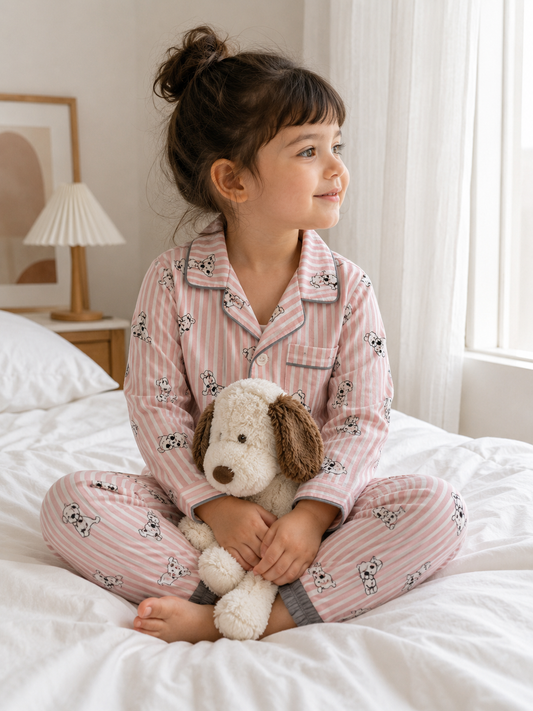 Pink Stripe Puppy Print Nightwear Pyjama Set | Unisex Kids | 1.5–4 Years