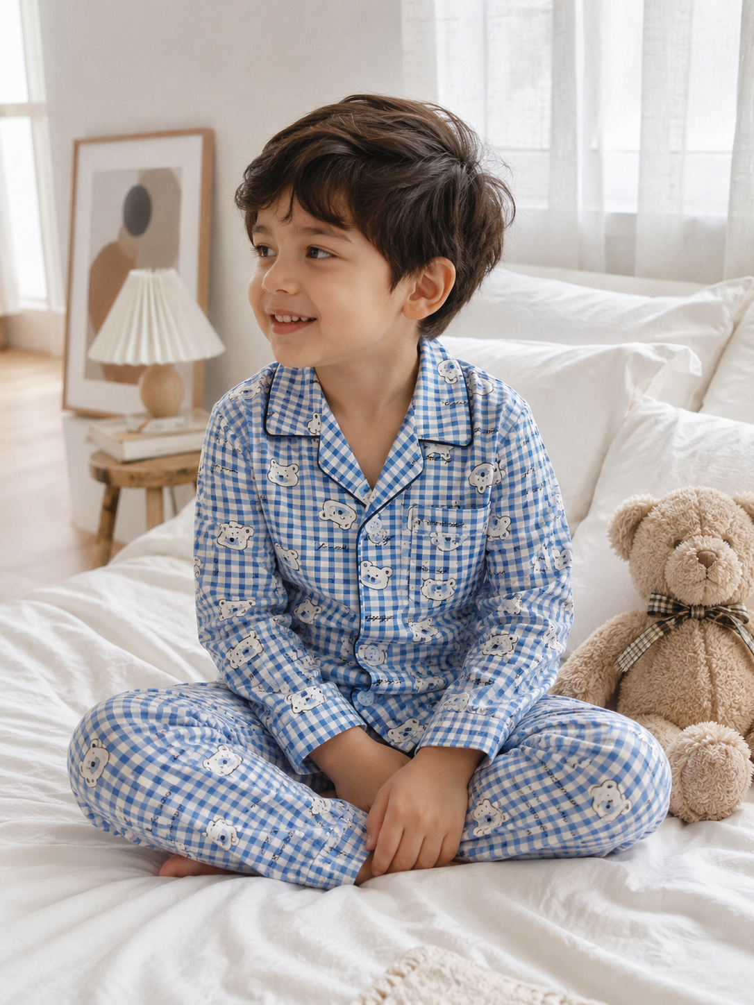 Blue Gingham Check Bear Print Nightwear Pyjama Set | Unisex Kids | 1.5–4 Years