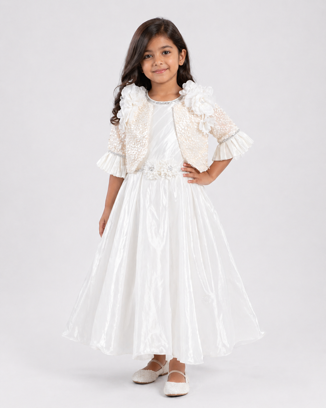 White Pearl Floral Jacket Shimmer Gown | Mint Kids