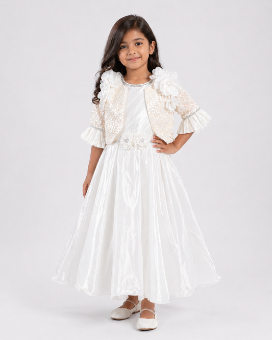 White Pearl Floral Jacket Shimmer Gown | Mint Kids