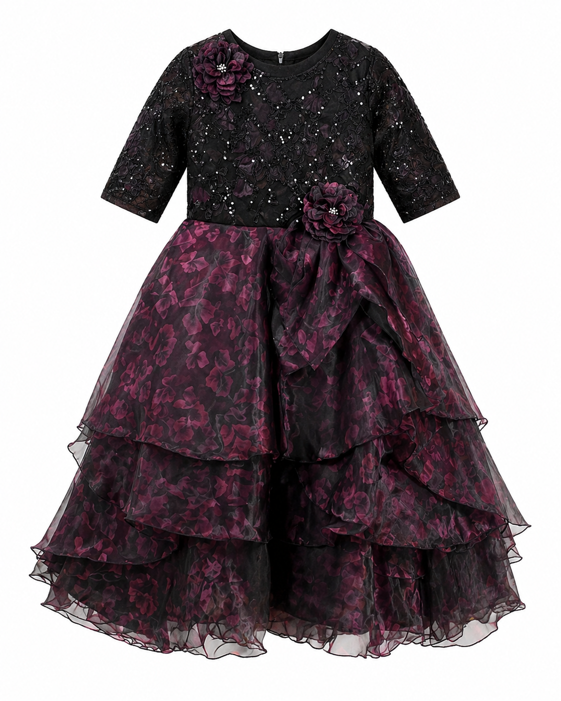 Black Sequin Floral Tiered Girls Gown | Mint Kids