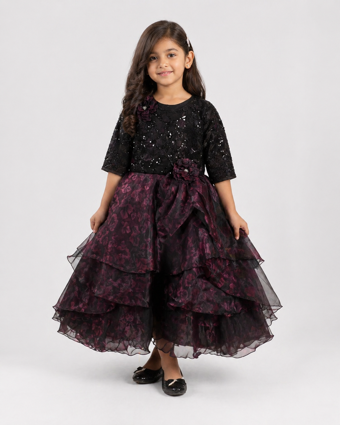 Black Sequin Floral Tiered Girls Gown | Mint Kids