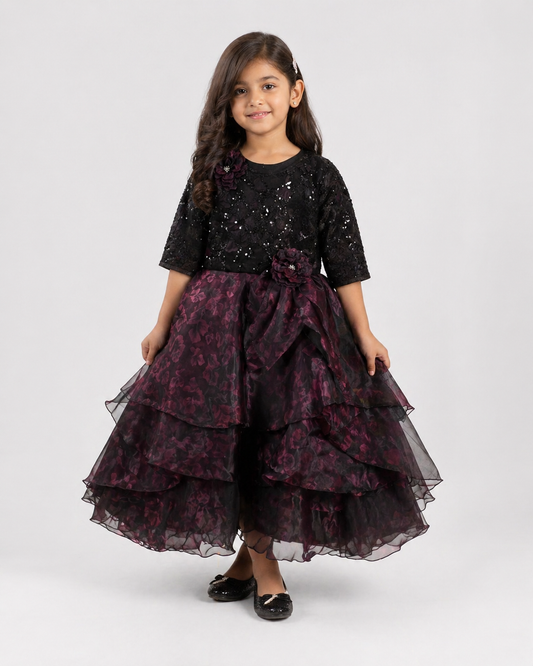 Black Sequin Floral Tiered Girls Gown | Mint Kids