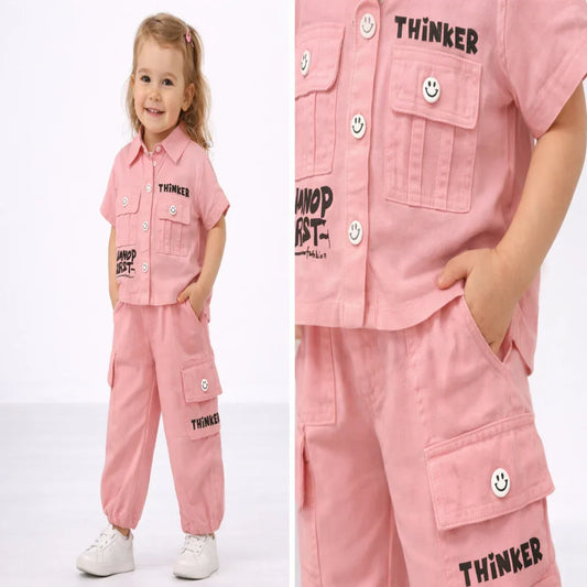 Girls Cotton Shirt & Baggy Lower Set (Pink Thinker Co-Ord Set)