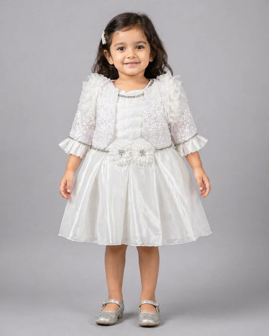 White Shimmer Frock with Floral Sequin Jacket | Mint Kids