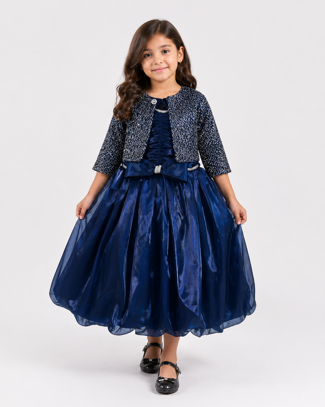 Navy Blue Shimmer Gown with Tweed Jacket | Mint Kids