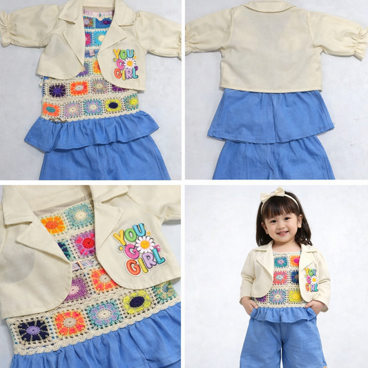 Girls Crochet Style Top with Jacket & Pant Set (1–3 Yrs)