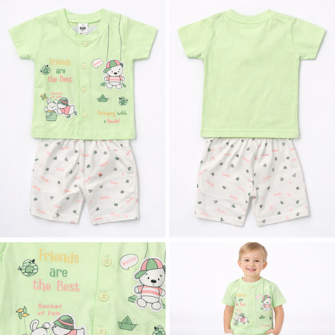 Boys Cotton T-Shirt & Shorts Set (Green Friends Print Co-Ord Set)