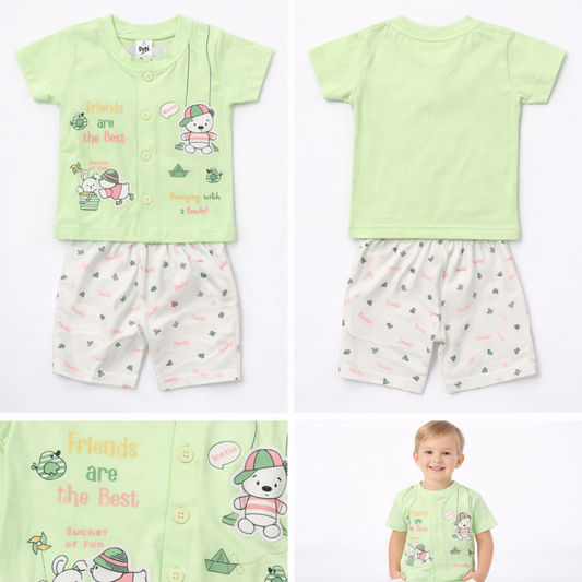 Boys Cotton T-Shirt & Shorts Set (Green Friends Print Co-Ord Set)