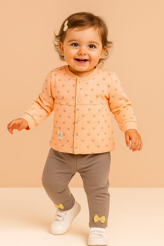 Printed Buttoned Top & Leggings Set with Bow Detail