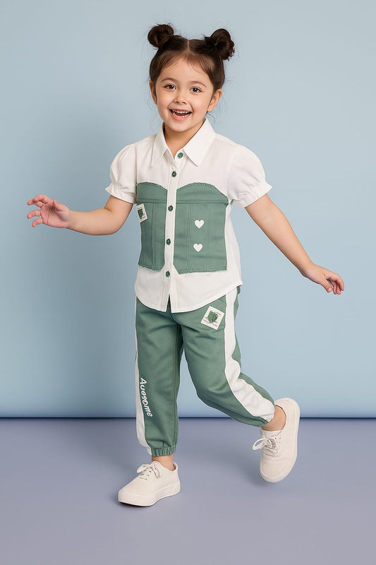 Stylish 2-Piece Co-Ord Set – Green & White | 4 to 11 Years