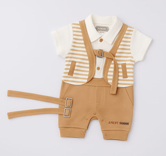 Baby Boy Suspender Romper Set – Beige & White Striped Vest Look