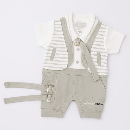 Baby Boy Suspender Romper Set – Beige & White Striped Vest Look